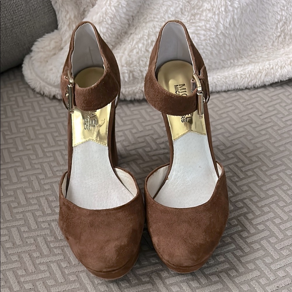 Michael Kors Brown Suede Ankle Strap Platform Heels